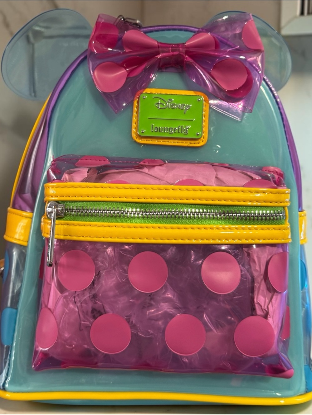 Loungefly Teal, Pink & Yellow Polka Dot Clear Mini Backpack